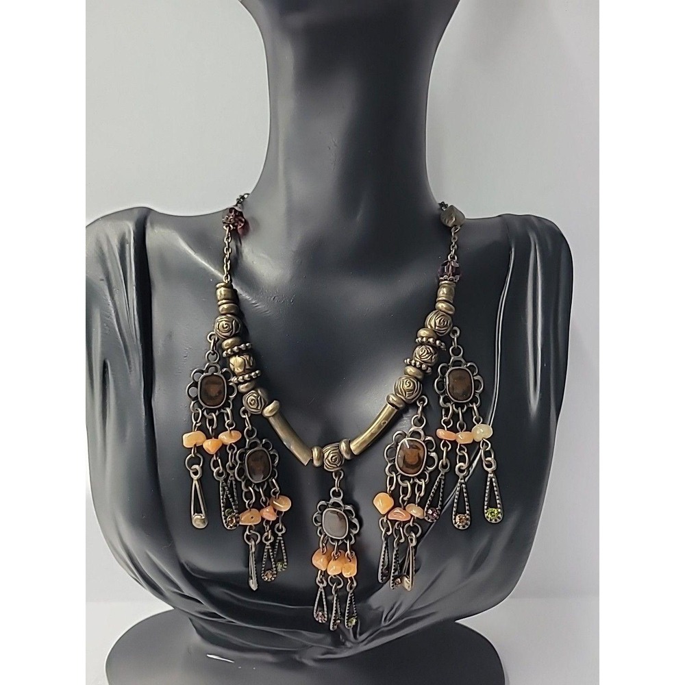 Vintage Artisian Style Boho Chandelier‎ Necklace Orange Beads Tassels Jewelry - Picture 2 of 11